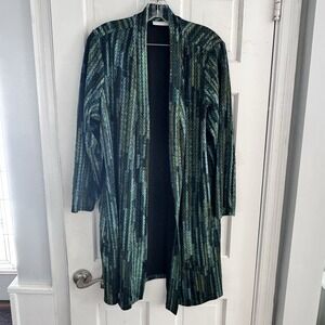 Susan Graver 1X Petite Cardigan Duster Open Front Teal Green Abstract Art Jacket